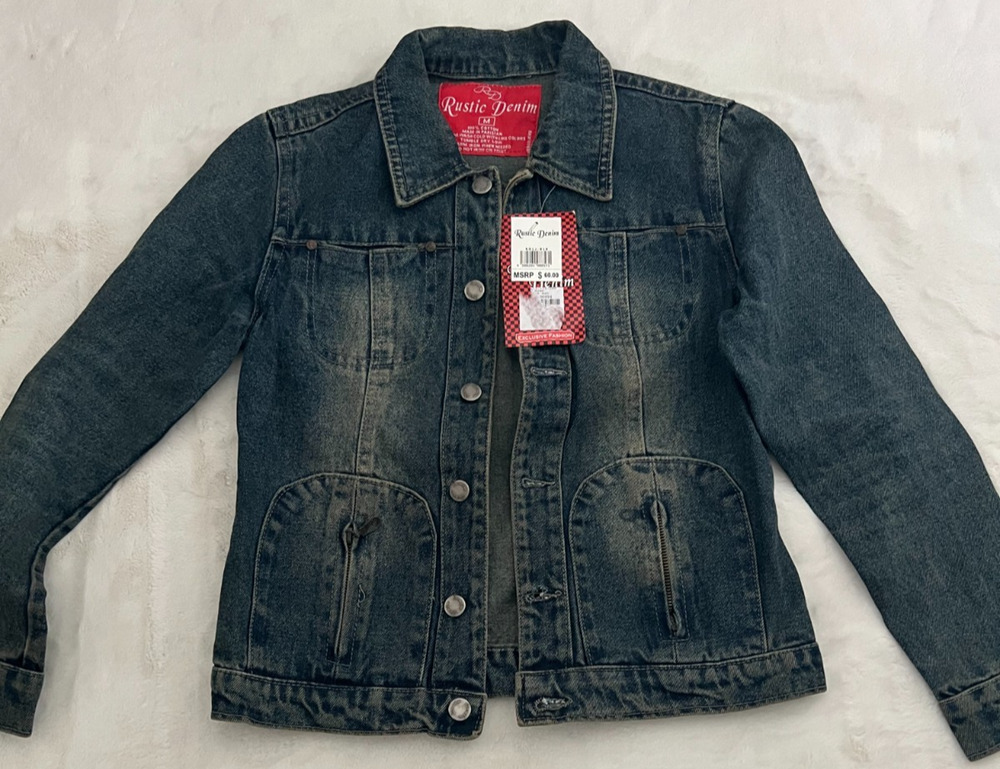 Rustic Denim Size M Acid Wash Denim Jacket Long Sleeve Zip Pocket NWT